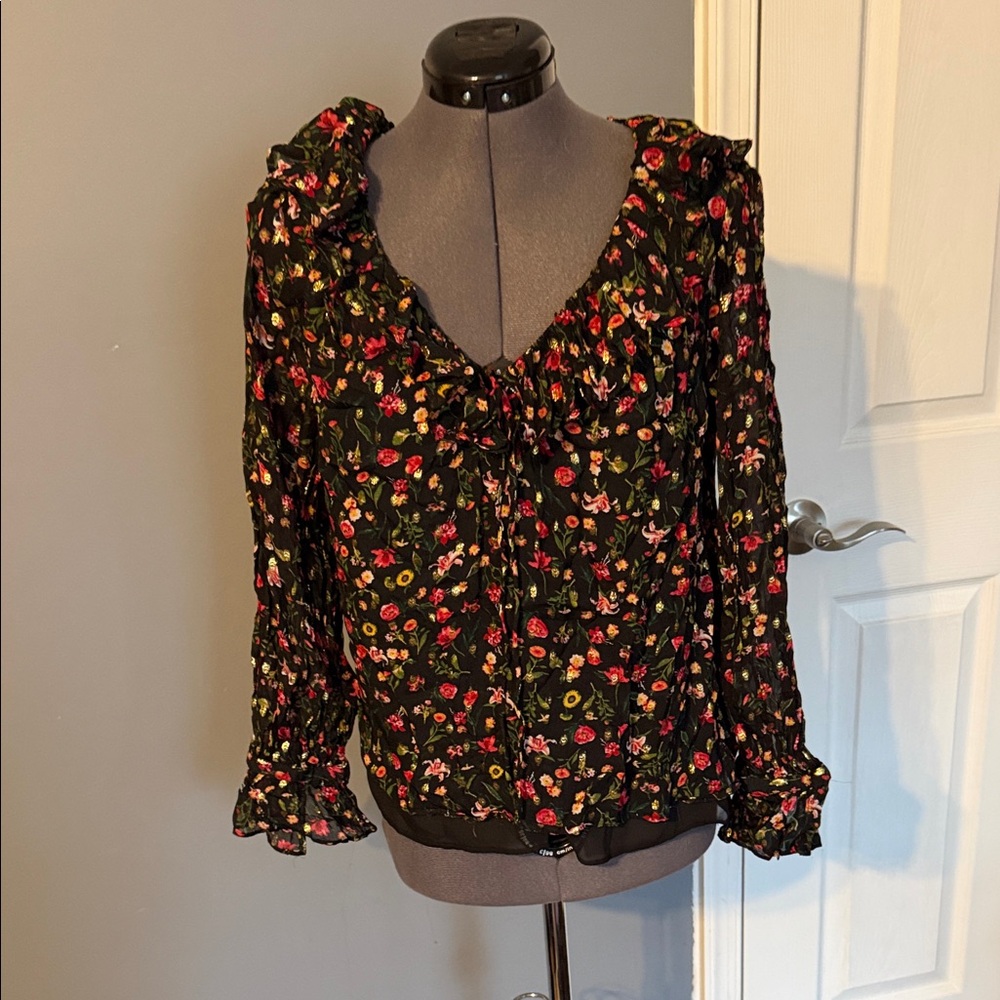 J. Crew Black Floral Ruffle Blouse